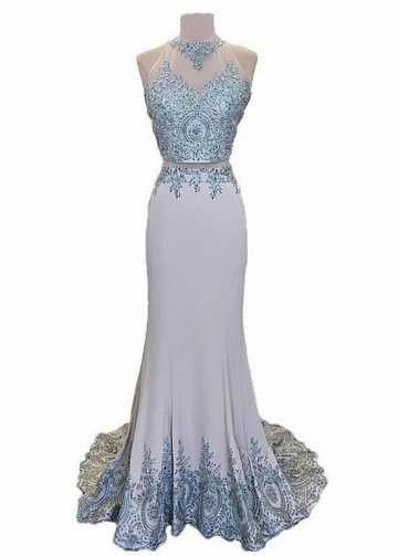 Chic Tulle & Satin Jewel Neckline Two-piece Mermaid Evening Dresses With Lace Appliques & Rhinestones