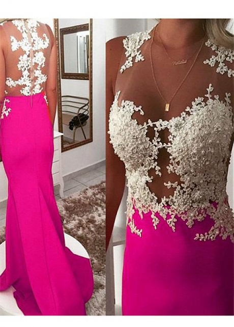 Showy Fuchsia Jewel Neckline Sheath/Column Prom Dress With Beaded Lace Appliques