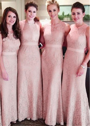Popular Lace Jewel Neckline Sheath/Column Bridesmaid Dresses With Belt