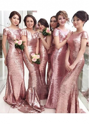 Alluring Sequin Lace Jewel Neckline Full-length Mermaid Bridesmaid Dresses