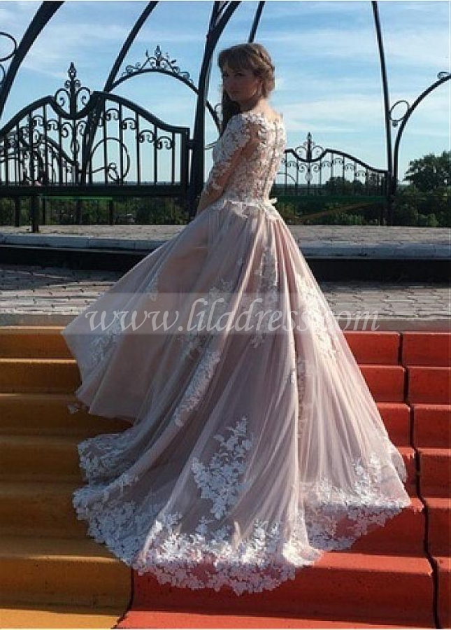 Junoesque Tulle Bateau Neckline A-line Wedding Dresses With Beaded Lace Appliques