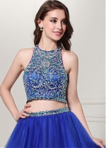 Chic Tulle Halter Neckline Cut-out Back Two Piece Short Ball Gown Homecoming Dresses With Beadings