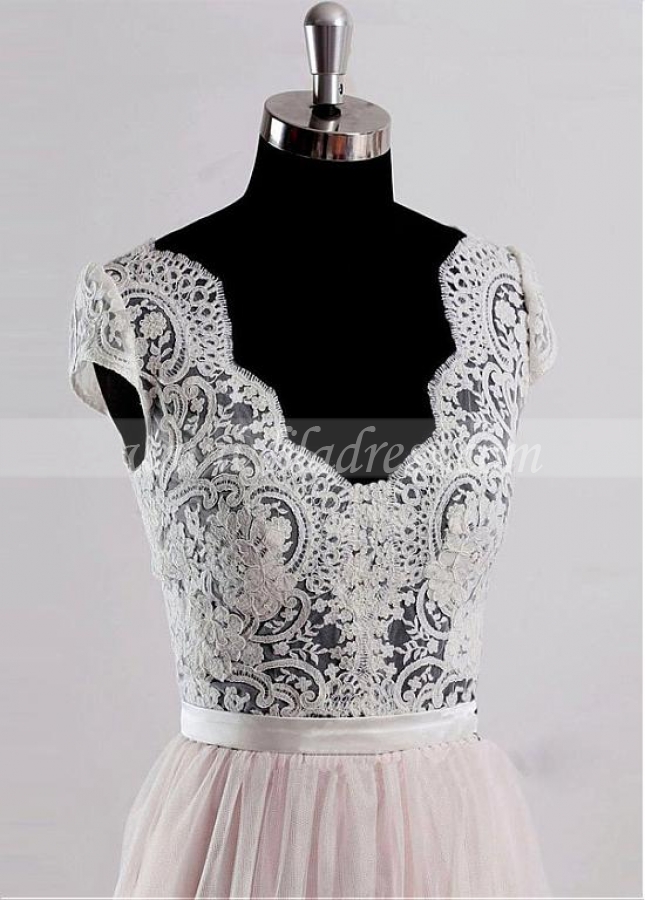 Elegant Tulle V-neck Neckline Floor-length A-line Prom / Destination Wedding Dresses