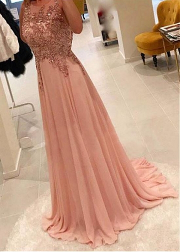 Brilliant Tulle & Chiffon Jewel Neckline Floor-length A-line Evening Dress With Beaded Lace Apliques