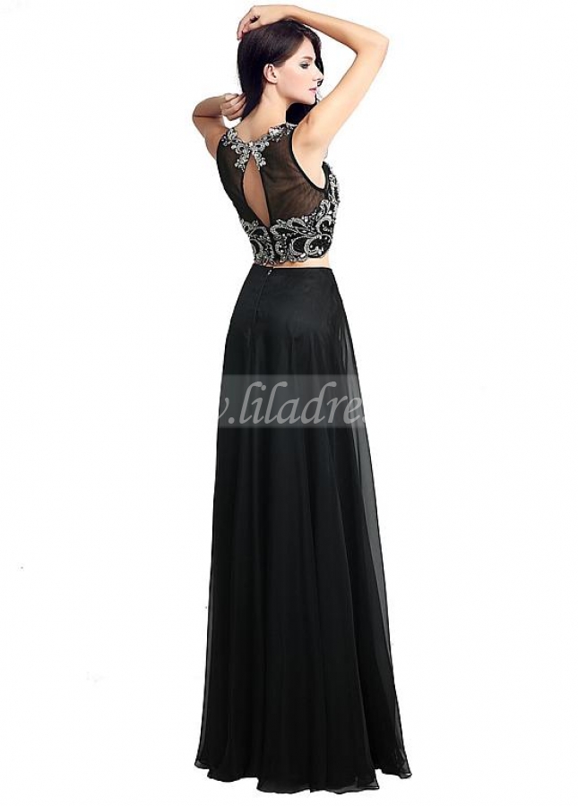 Romantic Chiffon & Tulle Illusion Jewel Neckline Two-piece A-line Evening Dresses With Beadings