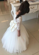 Cute Tulle Jewel Neckline Ball Gown Flower Girl Dresses With Lace Appliques & Bowknot
