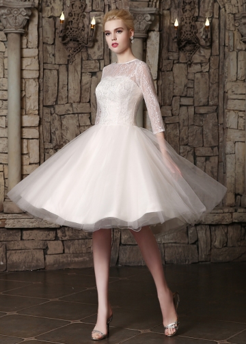 Romantic Lace & Tulle Jewel Neckline Knee-length A-line Wedding Dresses