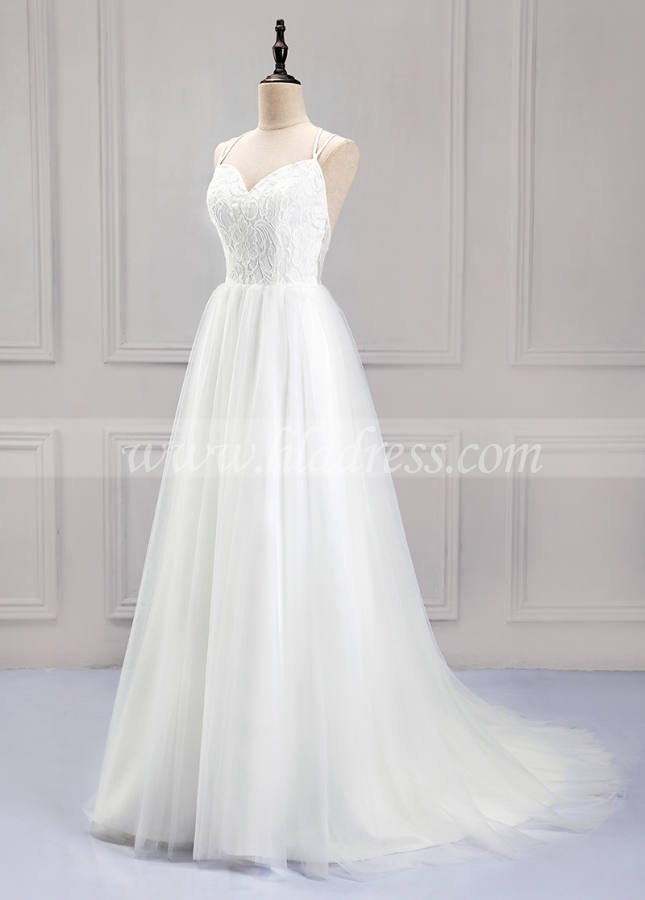 Pretty Lace & Tulle Spaghetti Straps Neckline A-Line Wedding Dress
