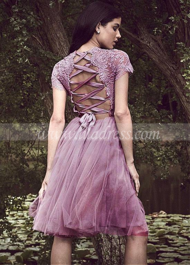 Unique Lace & Tulle Bateau Neckline Short Sleeves Knee-length A-line Homecoming Dress
