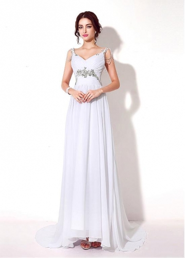 Simple Chiffon V-neck Neckline A-Line Prom Dresses With Beadings