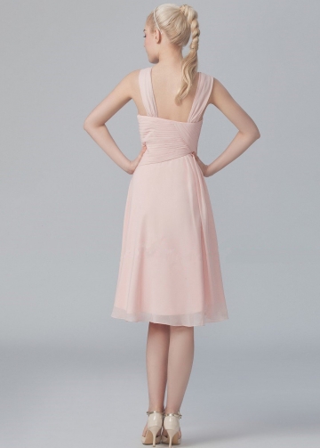 Asymmetric Neckline Chiffon Pink Knee Length Bridesmaid Dresses