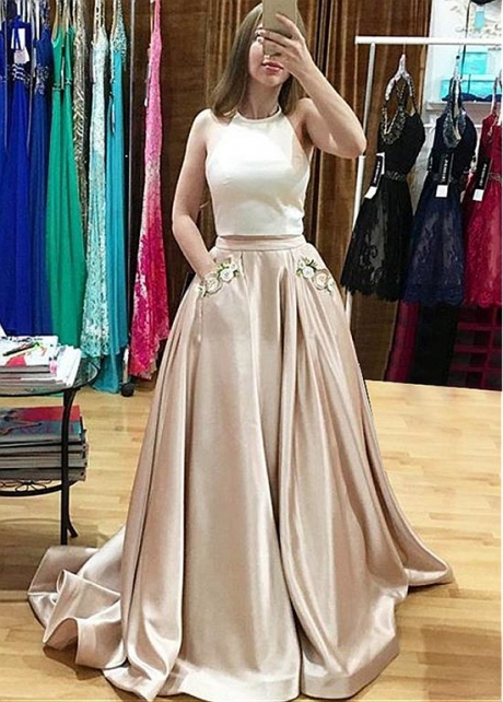Alluring Satin Halter Neckline Two-piece A-line Prom Dress With Pockets