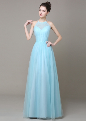 Elegant Tulle Light Blue High Collar Neckline A-line Bridesmaid Dress