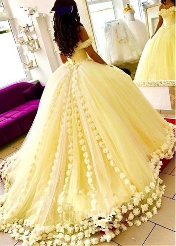 Eyecatching Tulle & Satin Off-the-shoulder Neckline Ball Gown Quinceanera Dress With 3D Flowers