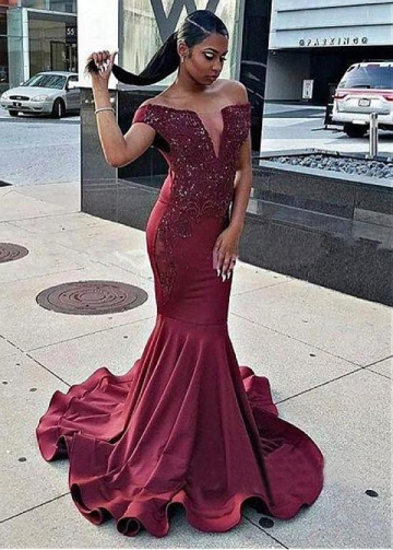 Gorgeous Satin Off-the-shoulder Neckline Floor-length Mermaid Evening Dress With Beaded Lace Appliques