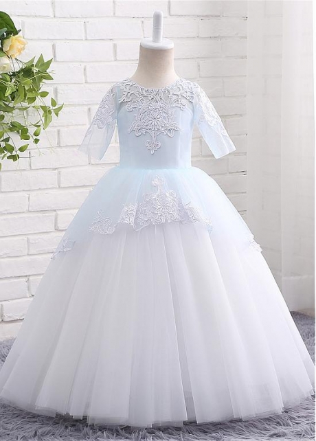 Attractive Tulle Jewel Neckline Short Sleeves Ball Gown Flower Girl Dresses With Lace Appliques
