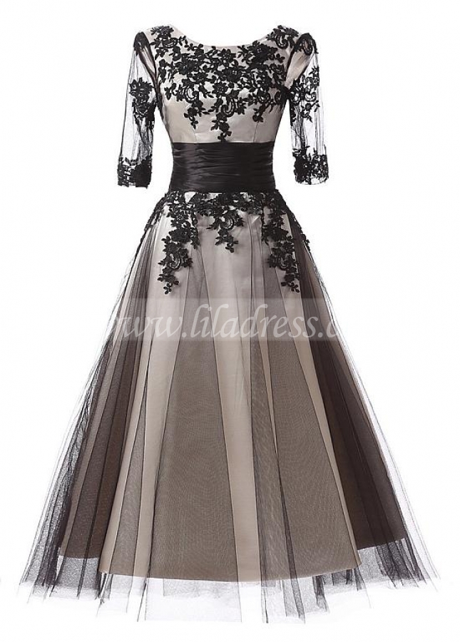 Elegant Tulle Scoop Neckline A-Line Tea-length Prom Dresses With Lace Appliques
