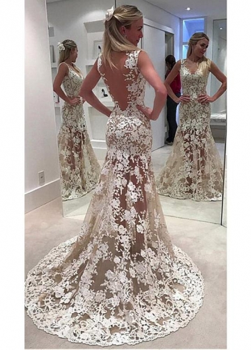 Black Floral Lace Wedding Dress White Chiffon Illusion Neckline