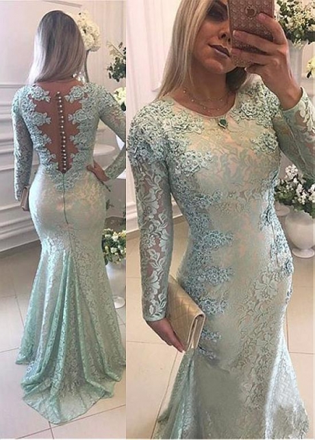 Luxury Lace Scoop Neckline Long Sleeves Mermaid Evening Dress With Beaded Lace Appliques