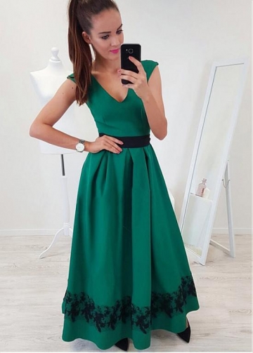 Fashion Satin V-neck Neckline Cap Sleeves A-line Evening Dress With Lace Appliques