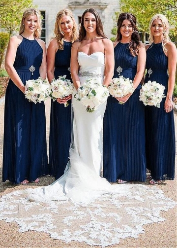 Wonderful Chiffon jewel Neckline A-line Pleated Bridesmaid Dresses