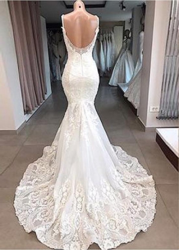 Cheap Attractive Tulle And Organza Sheer Scoop Neckline Mermaid Wedding Dress With Lace Appliques 3014