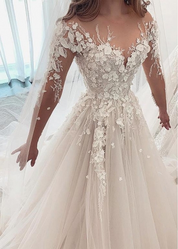 Alluring Tulle Jewel Neckline A-line Wedding Dresses With Lace Appliques & 3D Flowers & Beadings