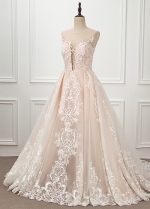 Fascinating Tulle Jewel Neckline See-through Natural Waistline A-line Wedding Dress With Lace Appliques & Beadings