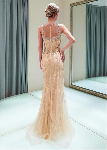 Exquisite Tulle Jewel Neckline Full-length Mermaid Evening Dress With Beadings