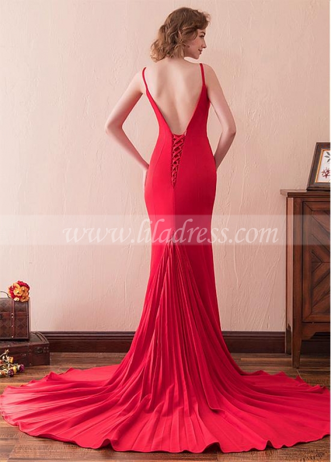 Beautiful Red Spaghetti Straps Neckline Sheath / Column Prom Dress