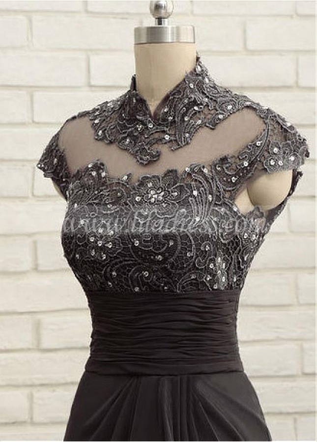 Romantic Chiffon High Collar Floor-length Mother Of The Bride Dresses With Lace Appliques