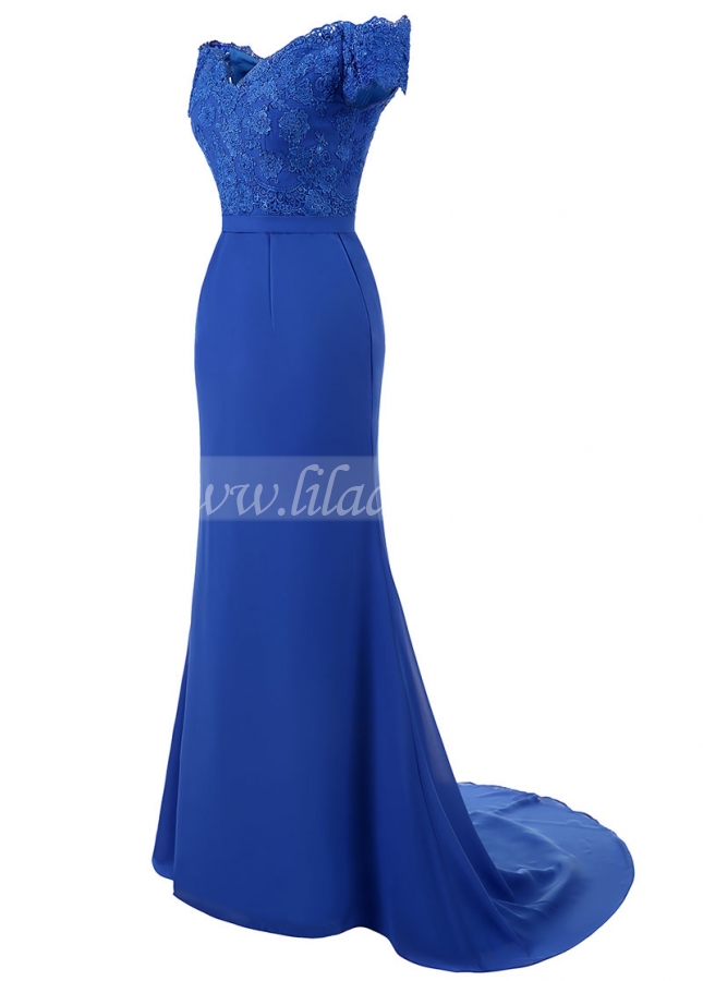 Charming Chiffon Off-the-shoulder Neckline Floor-length Mermaid Evening Dresses With Lace Appliques & Belt