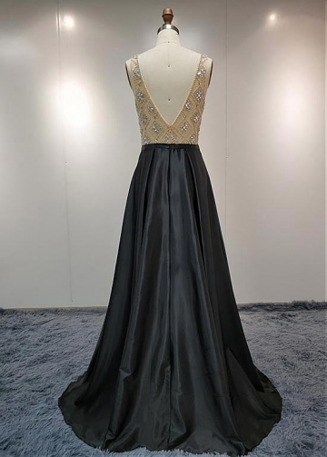 Elegant Satin Scoop Neckline Natural Waistline A-line Prom Dress With Beadings
