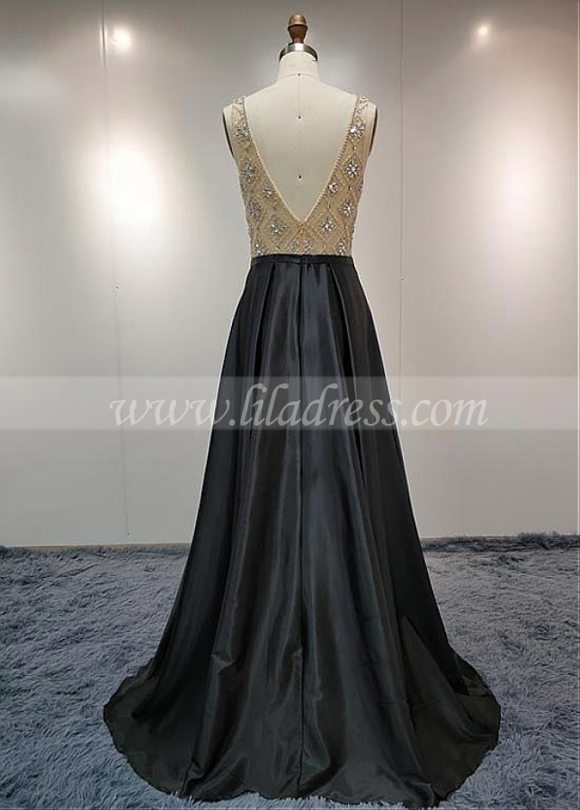 Elegant Satin Scoop Neckline Natural Waistline A-line Prom Dress With Beadings