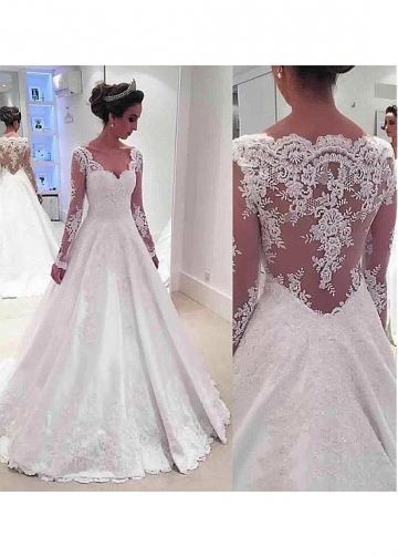Elegant Tulle & Satin V-neck Neckline A-Line Wedding Dresses With Lace Appliques & Beadings