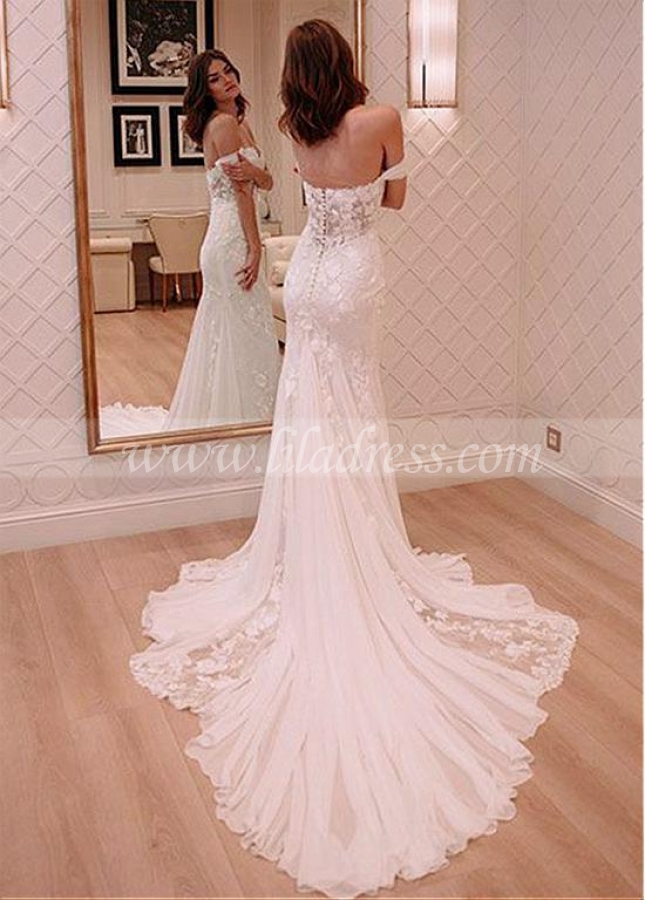 Romantic Tulle & Lace Off-the-shoulder Neckline Mermaid Wedding Dresses With Lace Appliques
