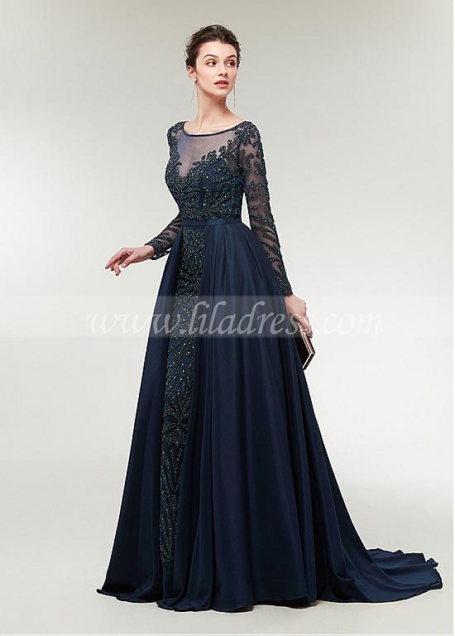 Eye-catching Taffeta Scoop Neckline Long Sleeves A-line Evening Dress With Beadings