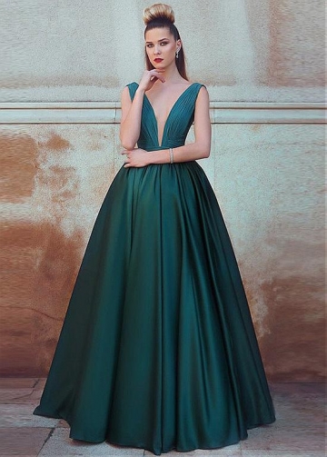Fashionable Chiffon & Satin V-neck Neckline Floor-length A-line Evening Dress