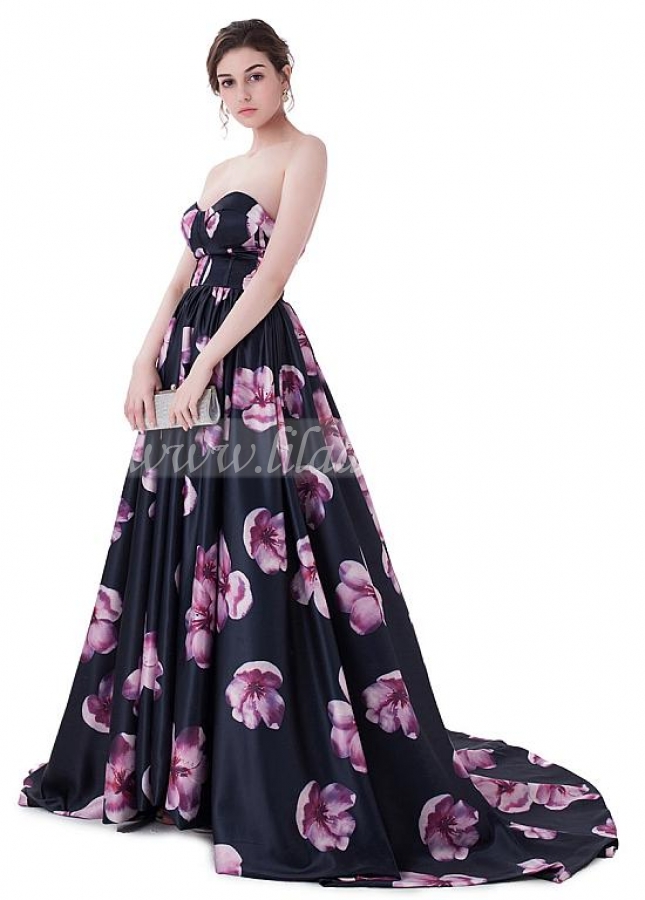 Exquisite Print Sweetheart Neckline Prom Dresses With Pleats