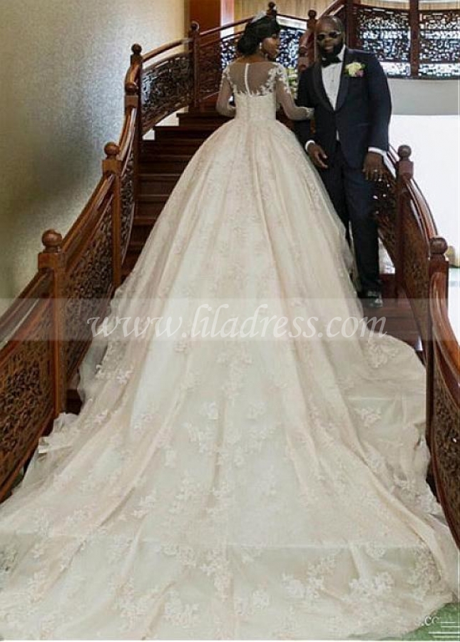 Glamorous Tulle & Satin Bateau Neckline Ball Gown Wedding Dress With Beaded Lace Appliques