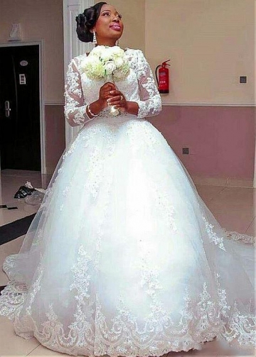Amazing Tulle Jewel Neckline Ball Gown Wedding Dresses With Lace Appliques & Beadings