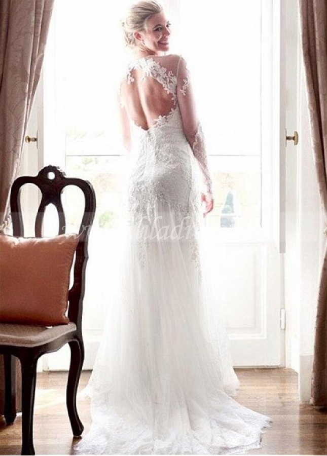 Attractive Tulle & Lace Jewel Neckline Cut-Out Back Wedding Dress With Lace Appliques