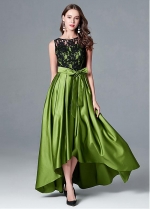 Unique Lace & Satin Jewel Neckline Hi-lo A-line Evening Dress With Sash & Pleats