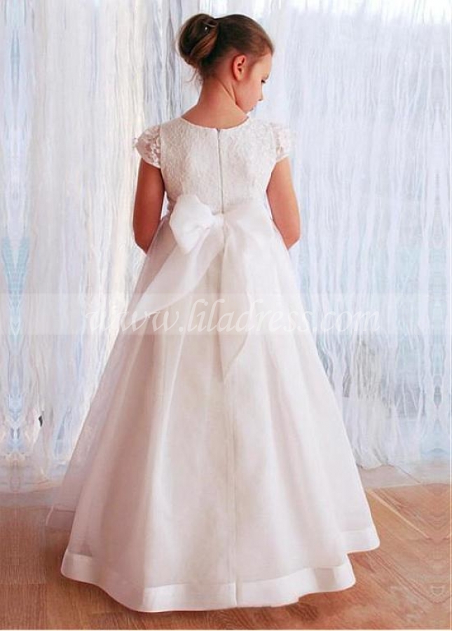 Brilliant Lace Square Neckline A-line Flower Girl Dress With Bowknots & Beadings