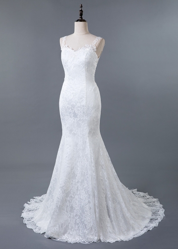Stunning Tulle & Lace V-neck Neckline Mermaid Wedding Dress With Lace Appliques