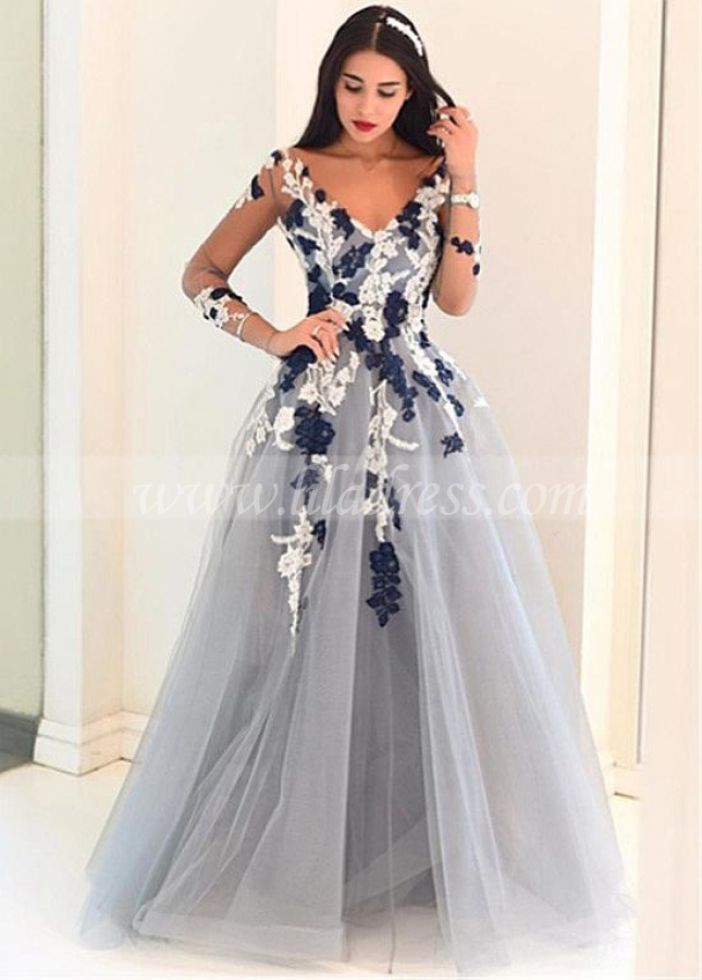 Silver Tulle V-neck Neckline Floor-length A-line Prom Dresses With Illusion Sleeves