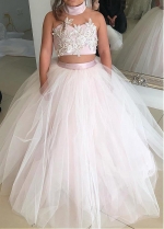Gorgeous Satin & Tulle Floor-length Ball Gown Flower Girl Dresses With Beaded Lace Appliques