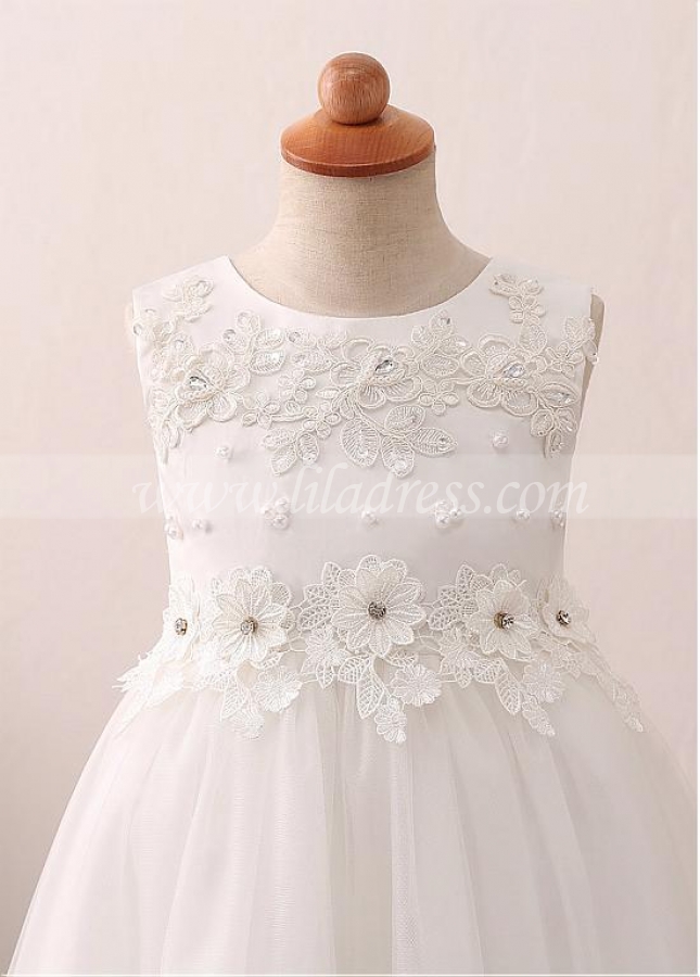 Exquisite Tulle Jewel Neckline Hi-lo A-line Flower Girl Dress With Lace Appliques & Beadings & Belt