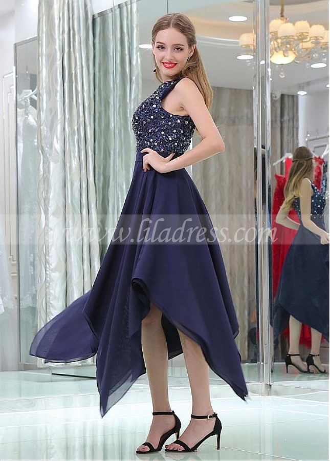 Famous Sequin Lace & Chiffon Jewel Neckline Hi-lo Length A-line Prom Dresses With Beadings