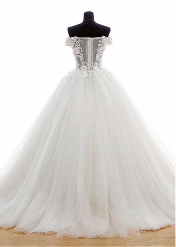 Marvelous Tulle Off-the-Shoulder Neckline Ball Gown Wedding Dress with Venice lace